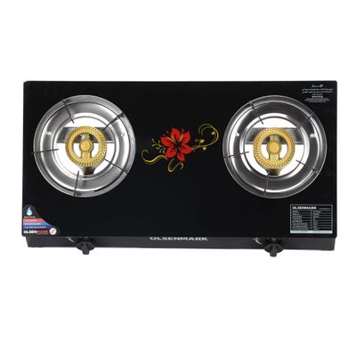 Gas Cooker, Tempered Glass Top Panel, Double Burner with Blue Flame, Stainless Steel Water Tray, Low Energy Consumption and Efficient, Auto Ignition System OMK7010Z BLACK