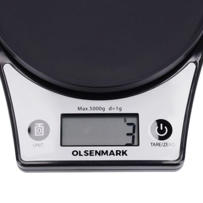 Olsenmark Kitchen Scale- OMKS2324, 5KG capacity, Auto Zero, Auto Off and Tare Function, 2XAAA Batteries; Low Power Consumption; Low Battery Indicator, Units: grams, lb, oz, and ml Black/Grey