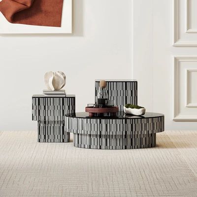 AWD Modern Coffee Table of 2, Center Table with Storage Drawer and Matching Side End Table, Elegant Black Striped Veneer Design, Durable MDF Wood and Tempered Glass Material for Living room or Office.