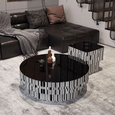 AWD Modern Coffee Table of 2, Center Table with Storage Drawer and Matching Side End Table, Elegant Black Striped Veneer Design, Durable MDF Wood and Tempered Glass Material for Living room or Office.