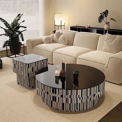 AWD Modern Coffee Table of 2, Center Table with Storage Drawer and Matching Side End Table, Elegant Black Striped Veneer Design, Durable MDF Wood and Tempered Glass Material for Living room or Office.