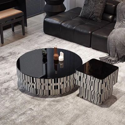 AWD Modern Coffee Table of 2, Center Table with Storage Drawer and Matching Side End Table, Elegant Black Striped Veneer Design, Durable MDF Wood and Tempered Glass Material for Living room or Office.