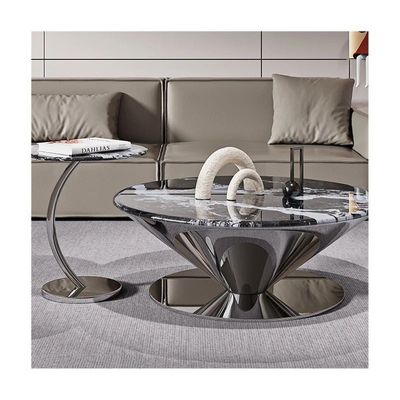 AWD Marble Coffee Table Set of 2, Black and White Round Marble Top, Unique Reflective Stainless Steel Base Center Table Paired with Side Table Curved Stand End Table for Living Room