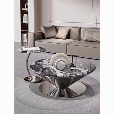 AWD Marble Coffee Table Set of 2, Black and White Round Marble Top, Unique Reflective Stainless Steel Base Center Table Paired with Side Table Curved Stand End Table for Living Room