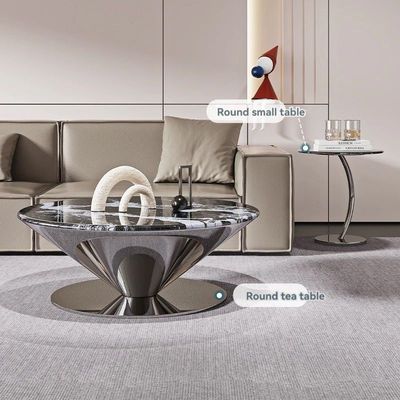 AWD Marble Coffee Table Set of 2, Black and White Round Marble Top, Unique Reflective Stainless Steel Base Center Table Paired with Side Table Curved Stand End Table for Living Room