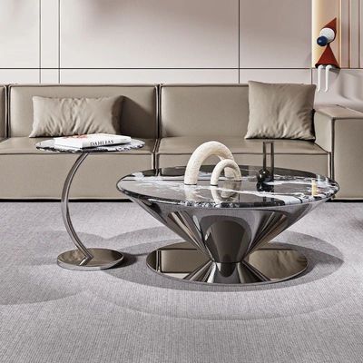 AWD Marble Coffee Table Set of 2, Black and White Round Marble Top, Unique Reflective Stainless Steel Base Center Table Paired with Side Table Curved Stand End Table for Living Room