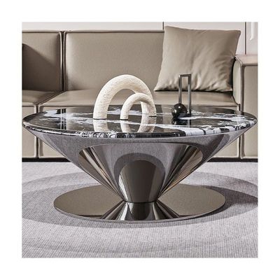 AWD Marble Coffee Table Set of 2, Black and White Round Marble Top, Unique Reflective Stainless Steel Base Center Table Paired with Side Table Curved Stand End Table for Living Room