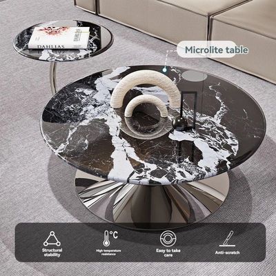 AWD Marble Coffee Table Set of 2, Black and White Round Marble Top, Unique Reflective Stainless Steel Base Center Table Paired with Side Table Curved Stand End Table for Living Room