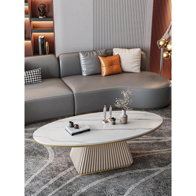 AWD Sleek Coffee Table, Simple Center Table Oval Shape Living room End Table Slate Top White Gray and Metal Iron Frame - 120cm.