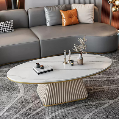 AWD Sleek Coffee Table, Simple Center Table Oval Shape Living room End Table Slate Top White Gray and Metal Iron Frame - 120cm.