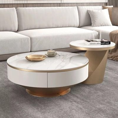 AWD Modern Marble & Gold Nesting Coffee Table Set 2-Piece Round Coffee Table Duo with Hidden Storage Drawers Space-Saving Layered Design for Living Room Compact Luxury Furniture for Modern Spaces.