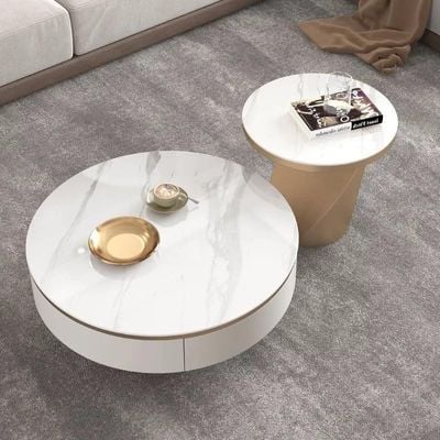 AWD Modern Marble & Gold Nesting Coffee Table Set 2-Piece Round Coffee Table Duo with Hidden Storage Drawers Space-Saving Layered Design for Living Room Compact Luxury Furniture for Modern Spaces.