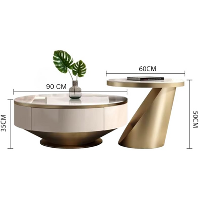 AWD Modern Marble & Gold Nesting Coffee Table Set 2-Piece Round Coffee Table Duo with Hidden Storage Drawers Space-Saving Layered Design for Living Room Compact Luxury Furniture for Modern Spaces.