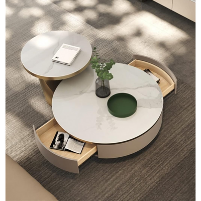 AWD Modern Marble & Gold Nesting Coffee Table Set 2-Piece Round Coffee Table Duo with Hidden Storage Drawers Space-Saving Layered Design for Living Room Compact Luxury Furniture for Modern Spaces.