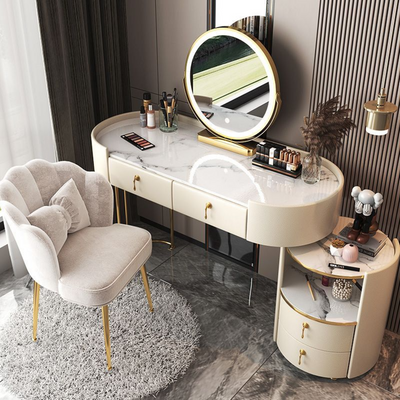 Modern Makeup Vanity Table Chair and HD Mirror Leather Makeup Desk with Wood Drawers Dressing Table Set for Bedroom and Dressing Room Furniture - Off White