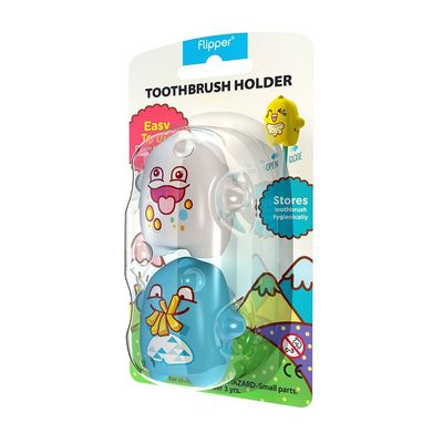 Flipper Toothbrush Holder Case with Suction Cup, 2 Pcs (CLUMPSY & GLUTTON) Wall Toothbrush Holder with Cover Case for Kids- FLR-ON-CMY