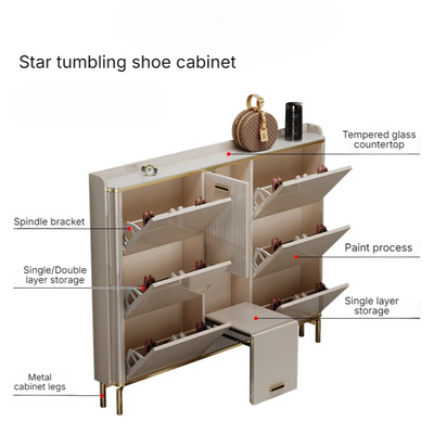 AWD Shoe Cabinet Entryway Shoe Storage Rack with Pull-Out Bench, Glossy Creamy Finish, Gold Accent with Multiple Compartments, Space-Saving Shoe Hallway Shoe Organizer 140W×24D