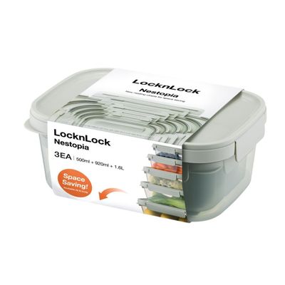 LocknLock Nestopia Set of 3 Airtight Containers (500ml+920ml+1.6L) - Microwave & Freezer Safe, Made in Vietnam