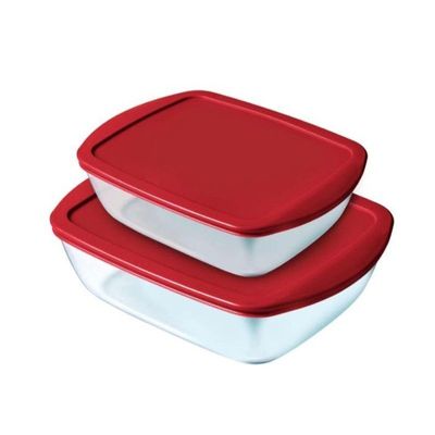Pyrex Cook&Store Set of 2 Rectangular Roaster with Red Lids, 1.2L + 2.5L