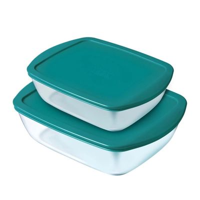 Pyrex Cook&Store Set of 2 Rectangular Roaster with Blue Lids, 1.1L + 2.5L