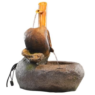 Yatai Water Fountain, Polyresin & Fiberglass Waterfall Fountain, Rustic Bamboo & Pot Design Electric Fountain with LED Light, Indoor/Outdoor Freestanding Fountains for Meditation, Event & Home Decor