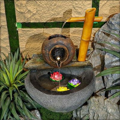 Yatai Water Fountain, Polyresin & Fiberglass Waterfall Fountain, Rustic Bamboo & Pot Design Electric Fountain with LED Light, Indoor/Outdoor Freestanding Fountains for Meditation, Event & Home Decor