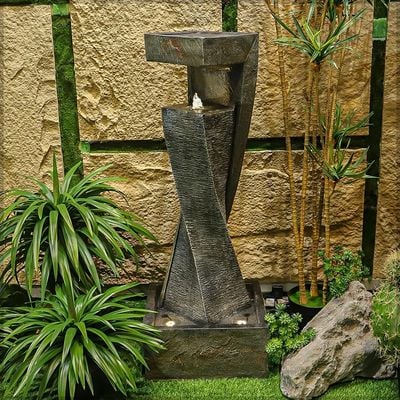 Yatai Tall Geometric Tabletop Fountain, Polyresin & Fiberglass Cascading Waterfall Fountain, Indoor/Outdoor Electric Water Fountain with LED Light, Freestanding Fountain for Event & Home Office Decor