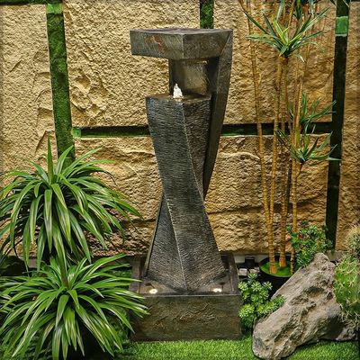 Yatai Tall Geometric Tabletop Fountain, Polyresin & Fiberglass Cascading Waterfall Fountain, Indoor/Outdoor Electric Water Fountain with LED Light, Freestanding Fountain for Event & Home Office Decor