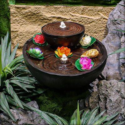 Yatai Double-Tiered Zen Tabletop Fountain, Polyresin & Fiberglass Waterfall Fountain, Electric Water Fountain with LED Light, Freestanding Fountains for Indoor/Outdoor Relaxation, Event & Home Decor