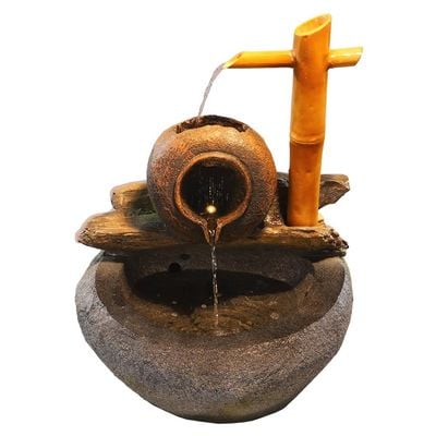 Yatai Water Fountain, Polyresin & Fiberglass Waterfall Fountain, Rustic Bamboo & Pot Design Electric Fountain with LED Light, Indoor/Outdoor Freestanding Fountains for Meditation, Event & Home Decor