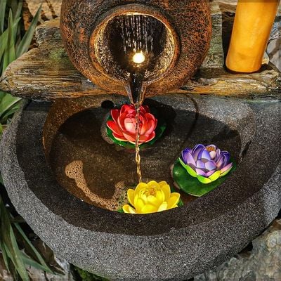 Yatai Water Fountain, Polyresin & Fiberglass Waterfall Fountain, Rustic Bamboo & Pot Design Electric Fountain with LED Light, Indoor/Outdoor Freestanding Fountains for Meditation, Event & Home Decor