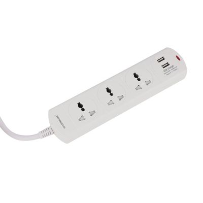 Olsenmark Power Socket- OMES1865D/ 3 Way Universal Sockets, 2-way USB Ports, Equipped with PP Fire Proof Housing and Child Safety Shutter/ 3-meter Cord, Ideal for Home, Office, etc. to Connect Chargers, Laptops, Lamp and Other Electrical Devices and Appliances/ White, Two-Year Warranty