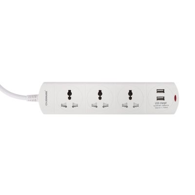 Olsenmark Power Socket- OMES1865D/ 3 Way Universal Sockets, 2-way USB Ports, Equipped with PP Fire Proof Housing and Child Safety Shutter/ 3-meter Cord, Ideal for Home, Office, etc. to Connect Chargers, Laptops, Lamp and Other Electrical Devices and Appliances/ White, Two-Year Warranty