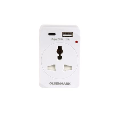 Olsenmark Universal Adaptor- OMES1889/ ABS Housing, Copper Parts and Pin, Global Compatibility/ 1 UK, 2 UK Adaptors, 2 Way USB, Compact and Portable Design/ Perfect for Travelling/ White