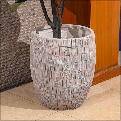 Yatai Concrete Planter Pot, Rustic Faux Wood Plant Pot with Layered Textured Panels & Drainage Hole, Lightweight & Weather-Resistant Resin Pots for Plant, Flower Pot for Home Office Event Decor (L)