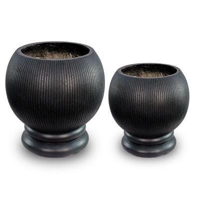 Yatai Set of 2 Plant Pot, Elegant Black Round Planter Pot with Drainage Hole, Lightweight & Weather-Resistant Garden Pot, Ribbed Textured Flower Pot for Plants & Trees, Vase Decor for Home Office