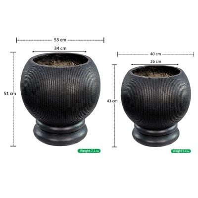 Yatai Set of 2 Plant Pot, Elegant Black Round Planter Pot with Drainage Hole, Lightweight & Weather-Resistant Garden Pot, Ribbed Textured Flower Pot for Plants & Trees, Vase Decor for Home Office