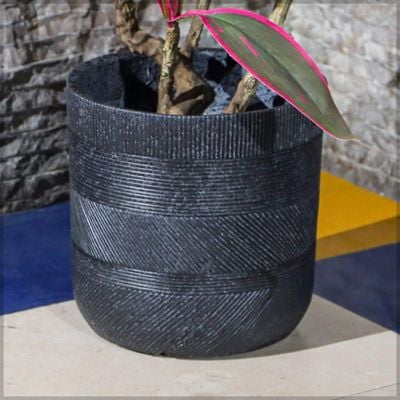 Yatai Planter Pot, Concrete Fiberstone Plant Pot with Textured Ribbed Finish, Lightweight & Weather-Resistant Plant Holder, Floor Vase Decor for Indoor/Outdoor, Garden Pot for Home Event (2, Black)