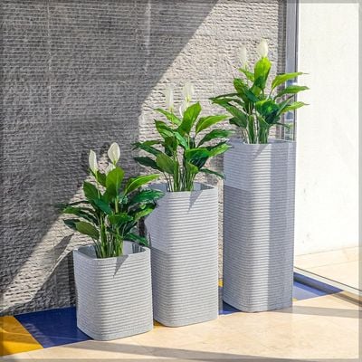 Yatai Heavy-Duty Plant Pot, Ribbed Concrete-Look Tall Planter Pot with Drainage Holes, Lightweight & Weather-Resistant Flower Vase Suitable for Succulents, Herbs, Garden Pot for Home Office (Large)