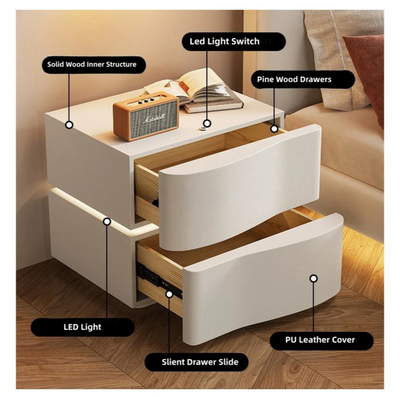 AWD Nightstand Table, Bedside Table with Microfiber Leather Wrap Finish, LED Lights, Modern Wavy Shape End Table, Night Stand for Bedroom - White - 2 Drawers