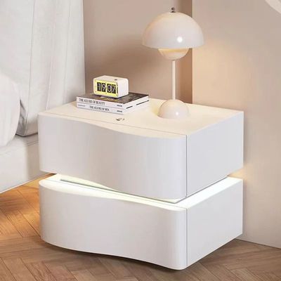 AWD Nightstand Table, Bedside Table with Microfiber Leather Wrap Finish, LED Lights, Modern Wavy Shape End Table, Night Stand for Bedroom - White - 2 Drawers