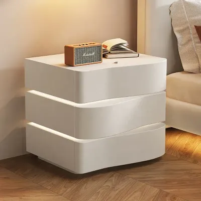 AWD Nightstand Table, Bedside Table with Microfiber Leather Wrap Finish, LED Lights, Modern Wavy Shape End Table, Night Stand for Bedroom - White - 3 Drawers