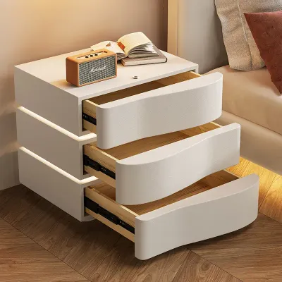 AWD Nightstand Table, Bedside Table with Microfiber Leather Wrap Finish, LED Lights, Modern Wavy Shape End Table, Night Stand for Bedroom - White - 3 Drawers