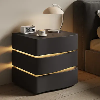 AWD Nightstand Table, Bedside Table with Microfiber Leather Wrap Finish, LED Lights, Modern Wavy Shape End Table, Night Stand for Bedroom - Black - 3 Drawers