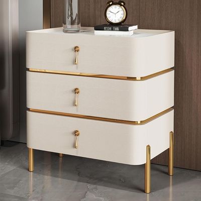 AWD Nightstand Side Table for Bedroom Bedside Table with Storage Drawers from Solid Wood Wrapped in Microfiber Leather Slate Top Gold Accents - Off White - 3 Drawers