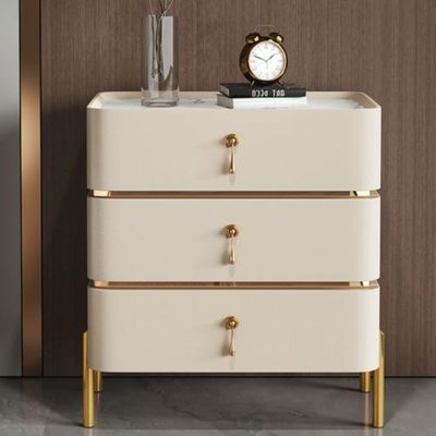 AWD Nightstand Side Table for Bedroom Bedside Table with Storage Drawers from Solid Wood Wrapped in Microfiber Leather Slate Top Gold Accents - Off White - 3 Drawers