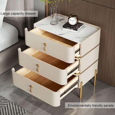 AWD Nightstand Side Table for Bedroom Bedside Table with Storage Drawers from Solid Wood Wrapped in Microfiber Leather Slate Top Gold Accents - Off White - 3 Drawers