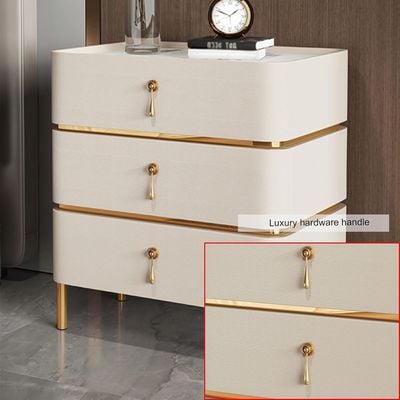 AWD Nightstand Side Table for Bedroom Bedside Table with Storage Drawers from Solid Wood Wrapped in Microfiber Leather Slate Top Gold Accents - Off White - 3 Drawers