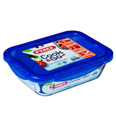 Pyrex Cook&Go 1.7L Rectangle Storage Dish with Blue Lid - Airtight, Versatile Freezer-to-Oven Solution