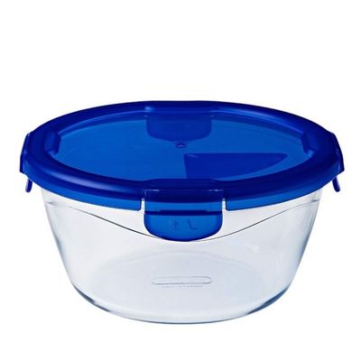 Pyrex Cook&Go 1.6L Round Storage Dish with Blue Lid - Airtight, Versatile Freezer-to-Oven Solution